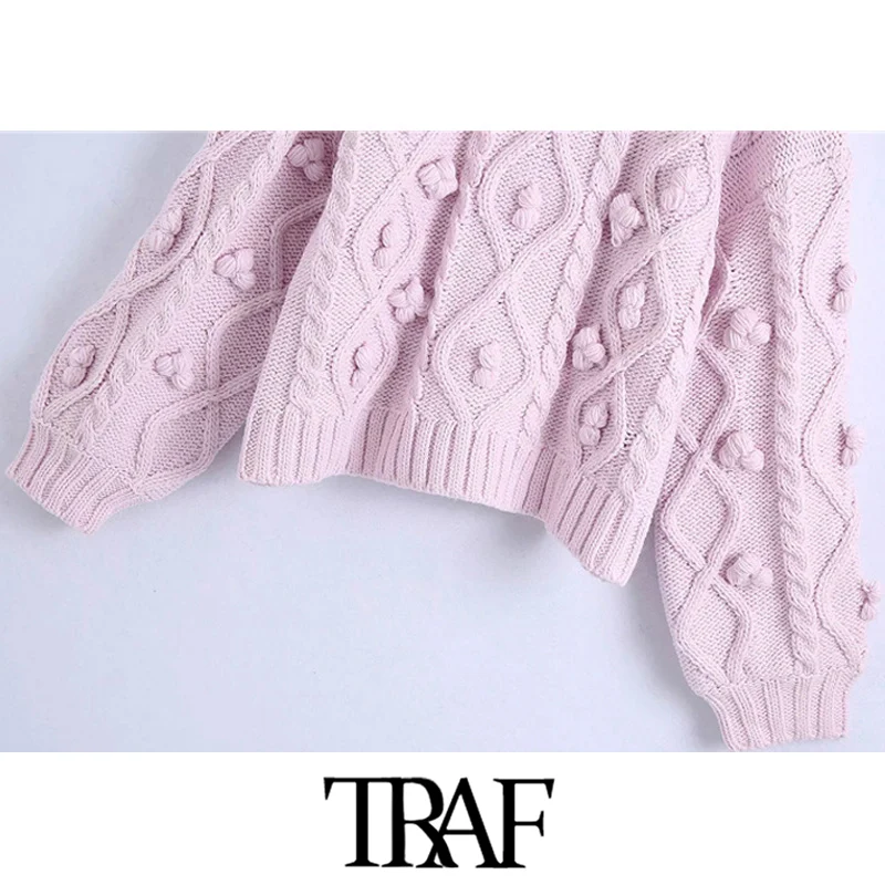 

TRAF Women Fashion With Pompoms Loose Knitted Sweater Vintage High Neck Long Sleeve Female Pullovers Chic Tops