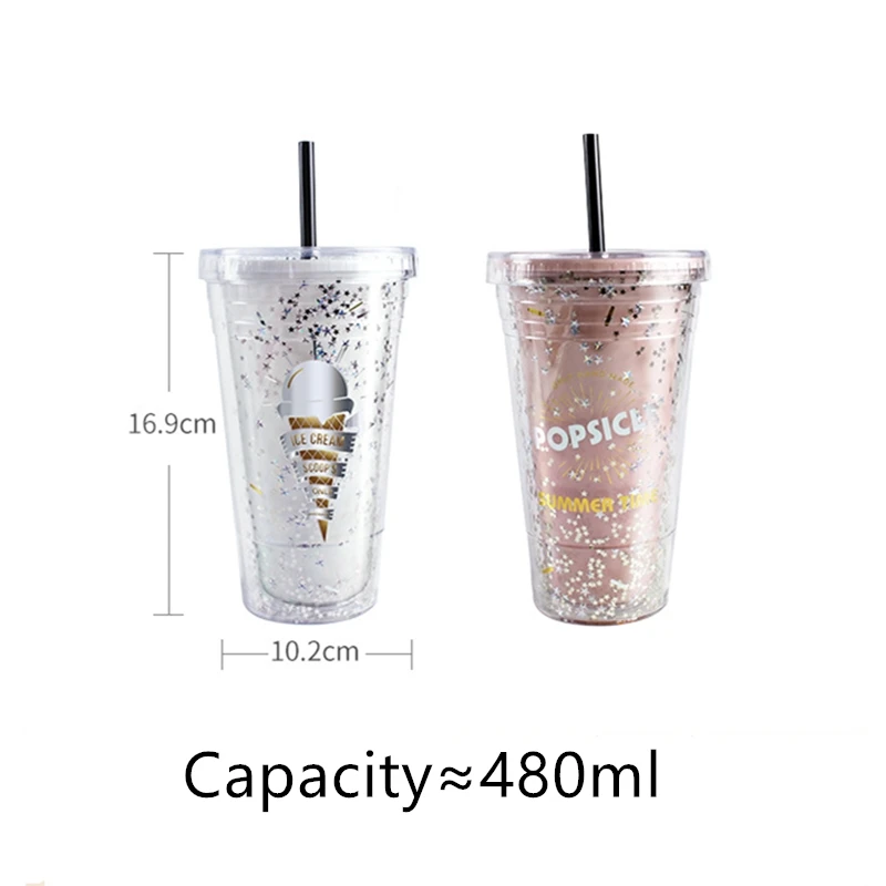 

Pink Double Layer Plastic Cups with Lids and Straw BPA Free Drinking Straw Cup Water Bottle for Drinking Coffee Mug Juice Milk