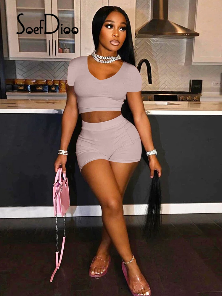 

Soefdioo Solid V-Neck Short Sleeve Crop Tops+Shorts With Pockets Two Piece Sets Women Home Street Outfits Summer 2021 Tracksuits
