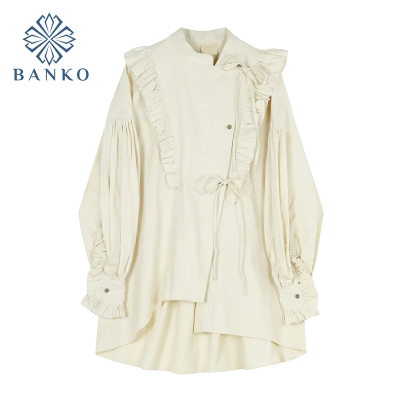 

Chic Blouses For Women Fall Clothes 2021 Lantern Long Sleeve Ruffles Stand Collar Tops Korean Fashion Lace Up Shirts Streetwear
