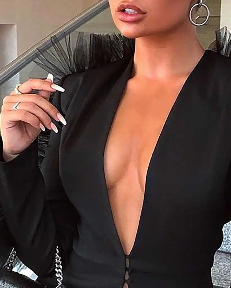 Женский блейзер с глубоким V-образным вырезом элегантный однотонный черный в