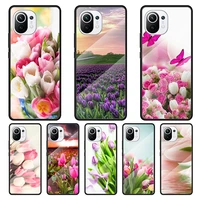 tulip flower colorful tempered glass cover for xiaomi mi 11 ultra 11i 10t 9t note 10 lite cc9e cc9 pro phone case coque
