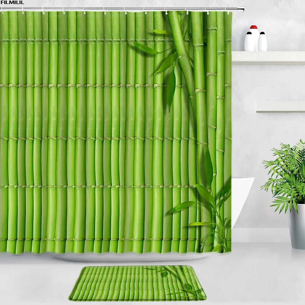 

FILMILIL Green Bamboo Shower Curtains Bath Mats Sets Zen Plants Chinese Style Home Decor Door Pad Bathroom Rugs Non-slip Carpet
