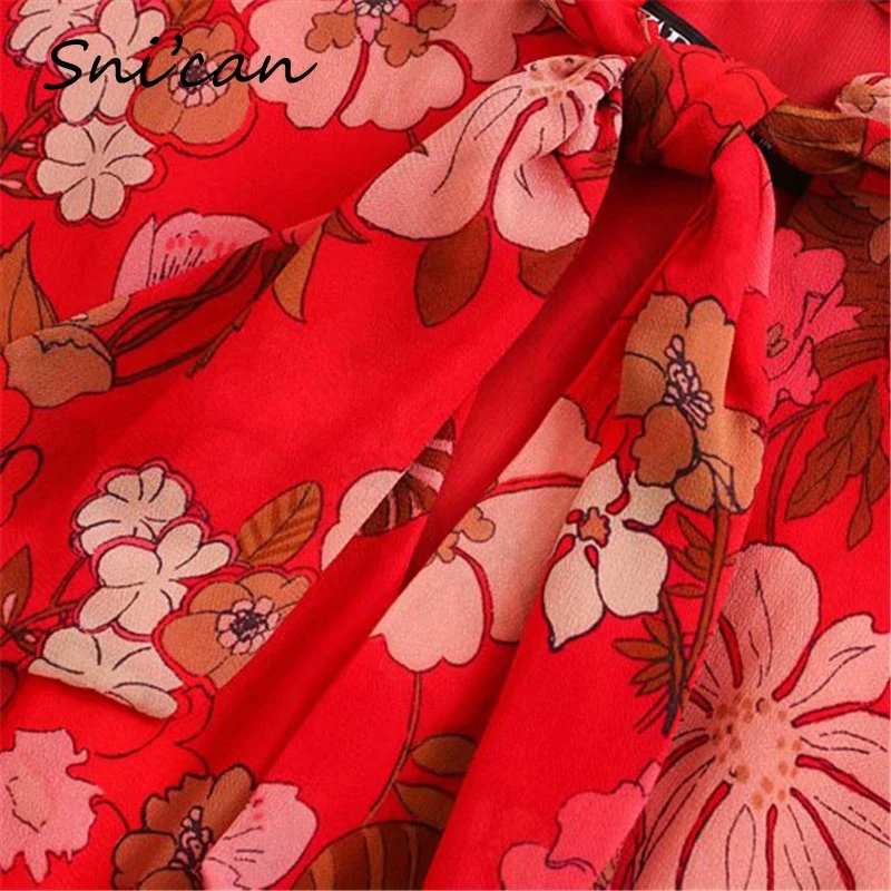 

red floral print women dress long sleeve bow neck chiffon fashion shirt dress za 2020 autumn spring vintage femme robe zora