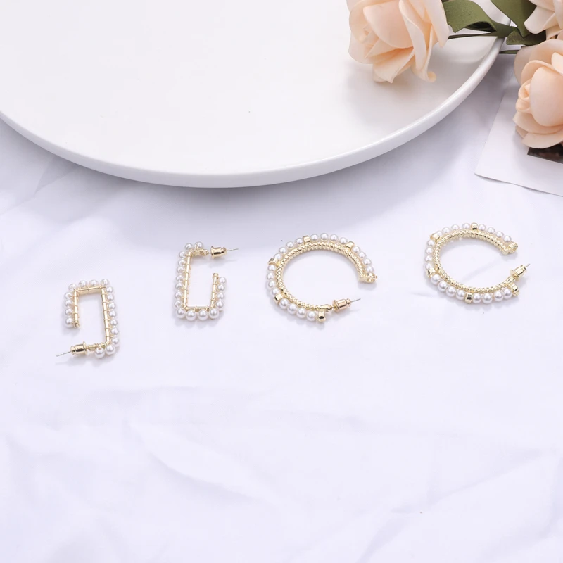 Серьги-кольца с имитацией под жемчуг женские массивные геометрические круглые