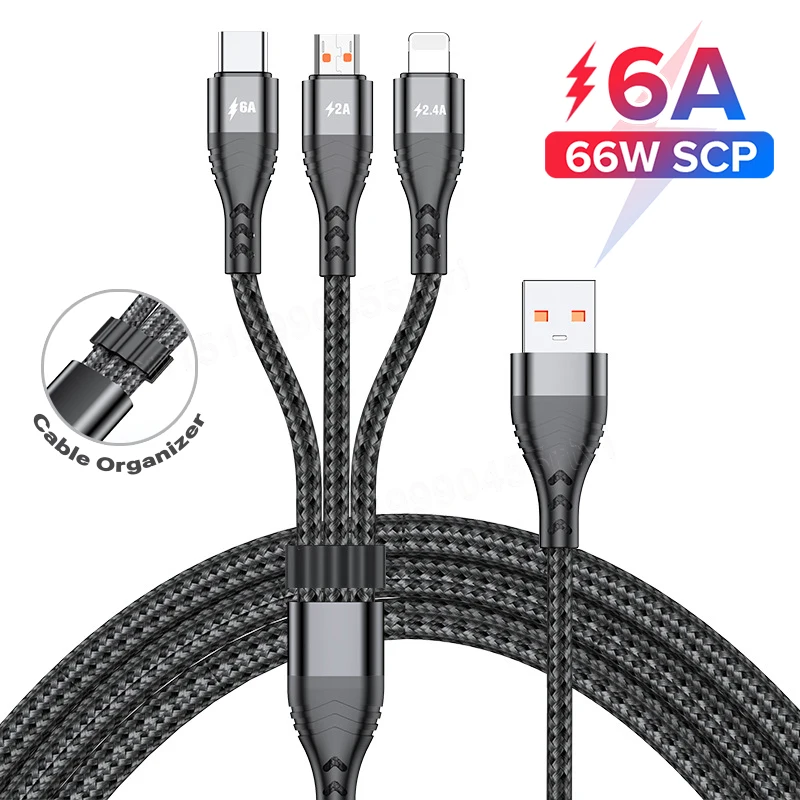 

1.2m 3 In 1 USB Cable USB A To Micro USB/Type C/8 Pin Kable For iPhone Charger 6A Fast Charging Cord For iPhone 12 Xiaomi Redmi