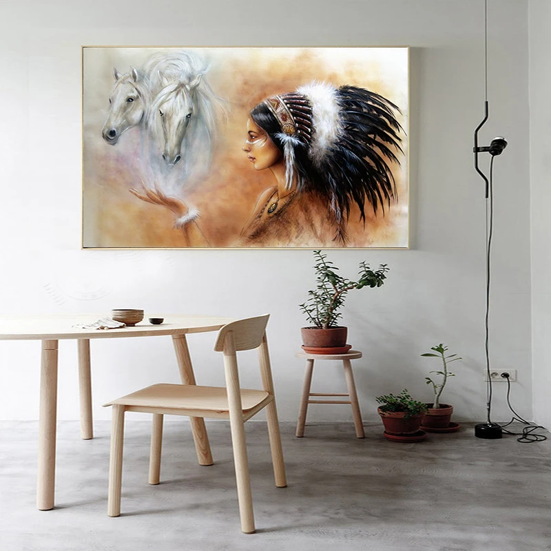 Американский родной индейский Женский портрет с белой лошадью на холсте