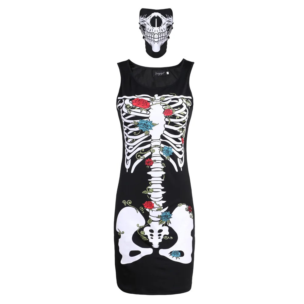 Хэллоуин Косплей Костюм для женщин взрослых страшная маска Череп Скелет Платья