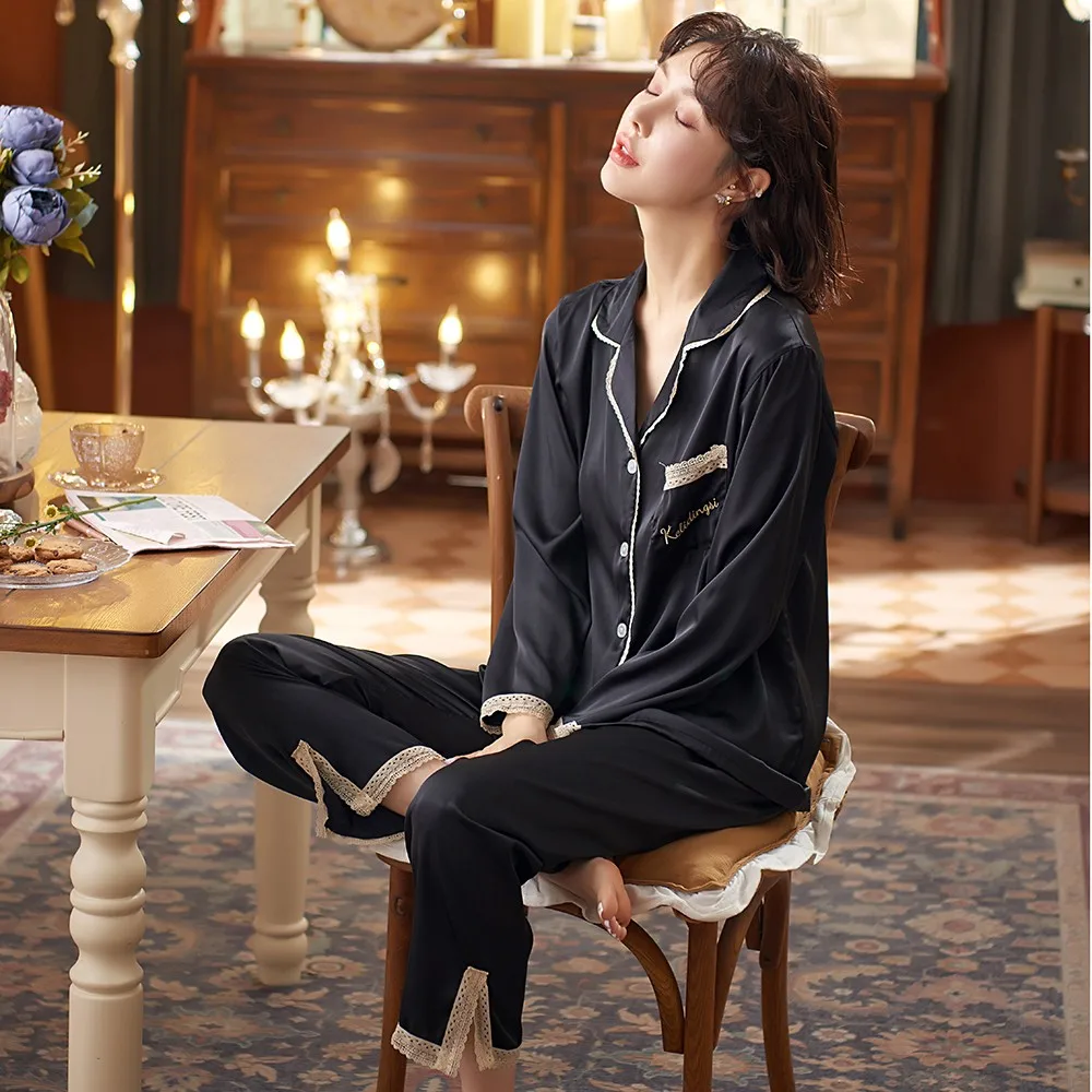 

Satin Sleepwear Sexy Lace 2PCS Sleep Set Autumn New Pajamas Suit Female Nightwear Intimate Lingerie Casual White Pyjamas