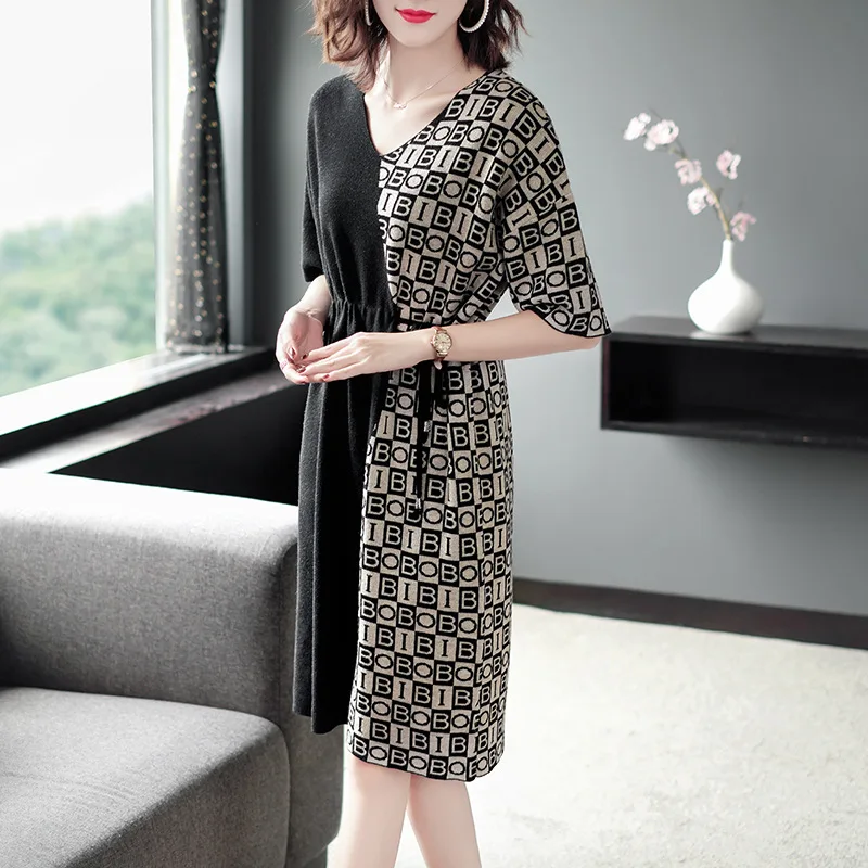 Женское винтажное платье с буквенным принтом в стиле пэчворк трикотажное