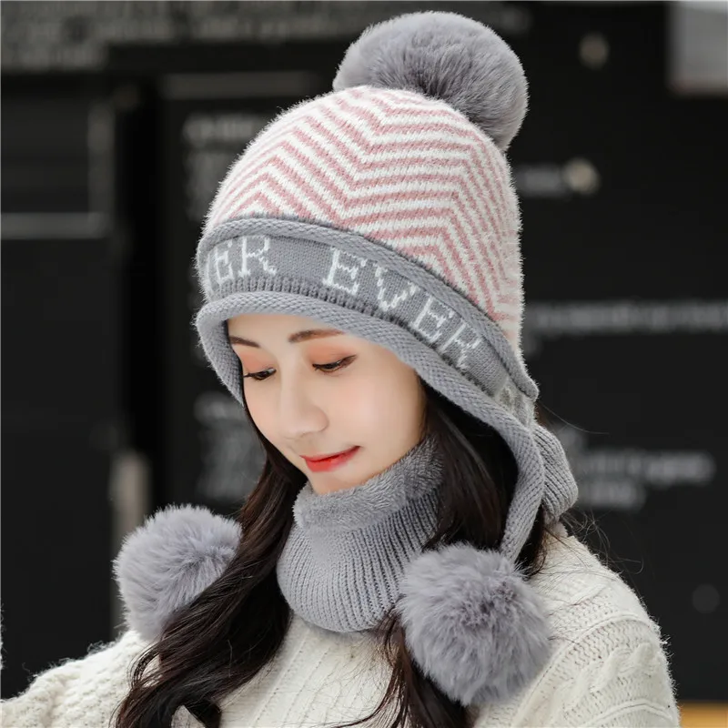 

New Women Letter stripes Winter Hats Add High Quality Fur Lined Warm Knitted Hat For Female Keep Face Warmer Balaclava Pompoms C