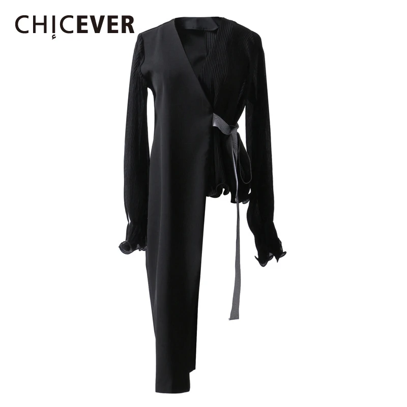 Фото CHICEVER элегантный ассиметричный пиджак Женский шифоновый лоскутный с v образным