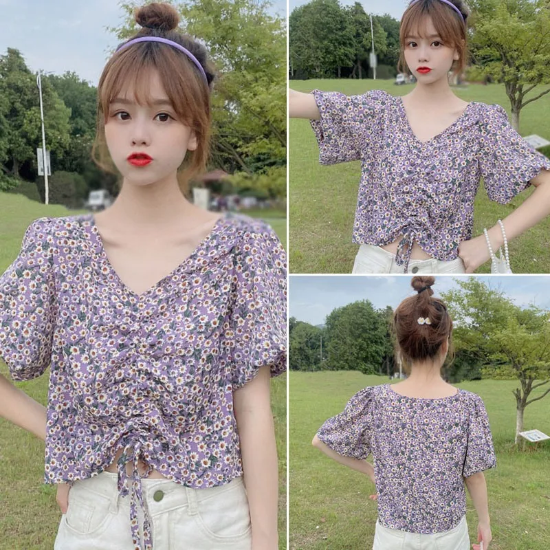 

Women Blouses French V-Neck Drawstring Floral Print Short Sleeve Purple Top Short Sleeve Chiffon Shirt