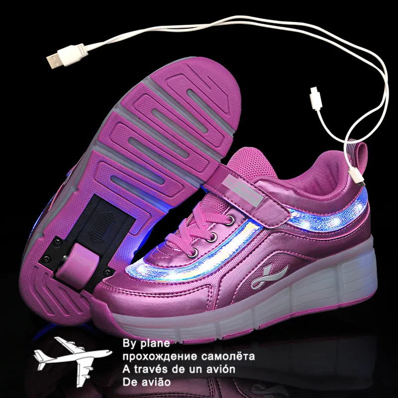 29-40 الوردي الأبيض USB شحن موضة بنات بنين مصباح ليد أحذية التزلج الأسطوانة للأطفال أطفال أحذية رياضية مع عجلات عجلات واحدة
