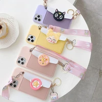 card bag leather wallet soft phone cases for iphone 13 12 mini 11 pro max x xr xs 7 8 6 plus se 2020 lanyard strap flower cover