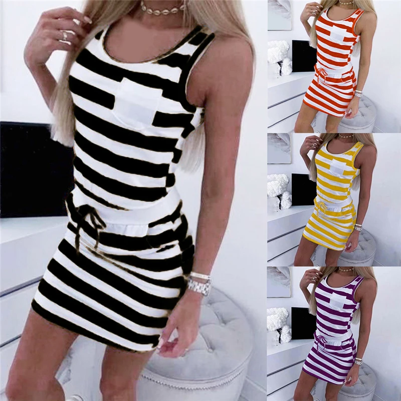 

2021 Summer Women Short Sleeved Casual Sleeveless Stripe Print Straight Dress Tunic Waist Dresses Beach Vestido Plus Size
