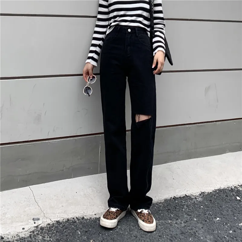 

Black Ripped Hole Jeans Women's High Waist Comfortable Straight Loose Pants Ladies Office Wear Thin Wild Trousers Ins Streetwear