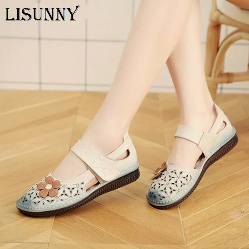 

LISUNNY New Mother shoes Hollow Genuine Leather Breathable Soft Flat Sandal Summer Women Shoes Woman Casual Solid Ladies Sandals