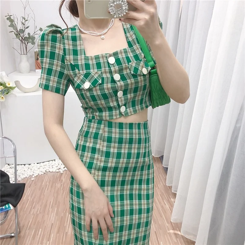 

Korejepo Women Two Piece Set 2021 Summer New Retro Sweet Red Plaid Casual Puff-sleeved Shirt High-waist Split Half-length Skirt