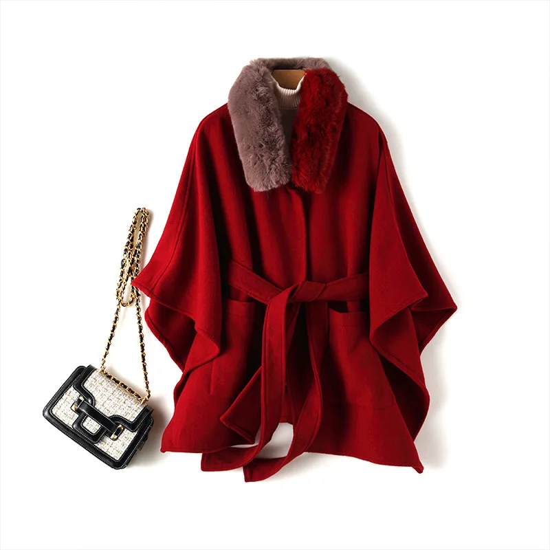 

Coat Women Cashmere Cloak Faux Fur Collar Belted Loose Woolen Female Cape Batwing Sleeve Winter Poncho Oversized