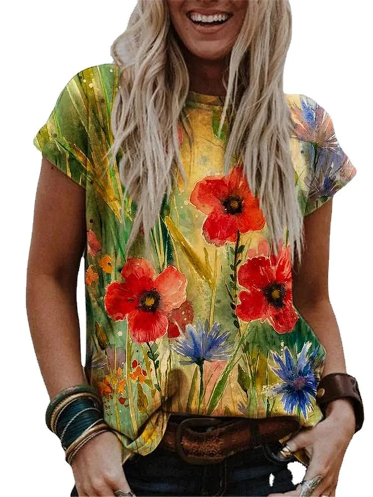 

2021 Europe and the United States cross-border new summer women's vintage print round collar T-shirt short sleeves