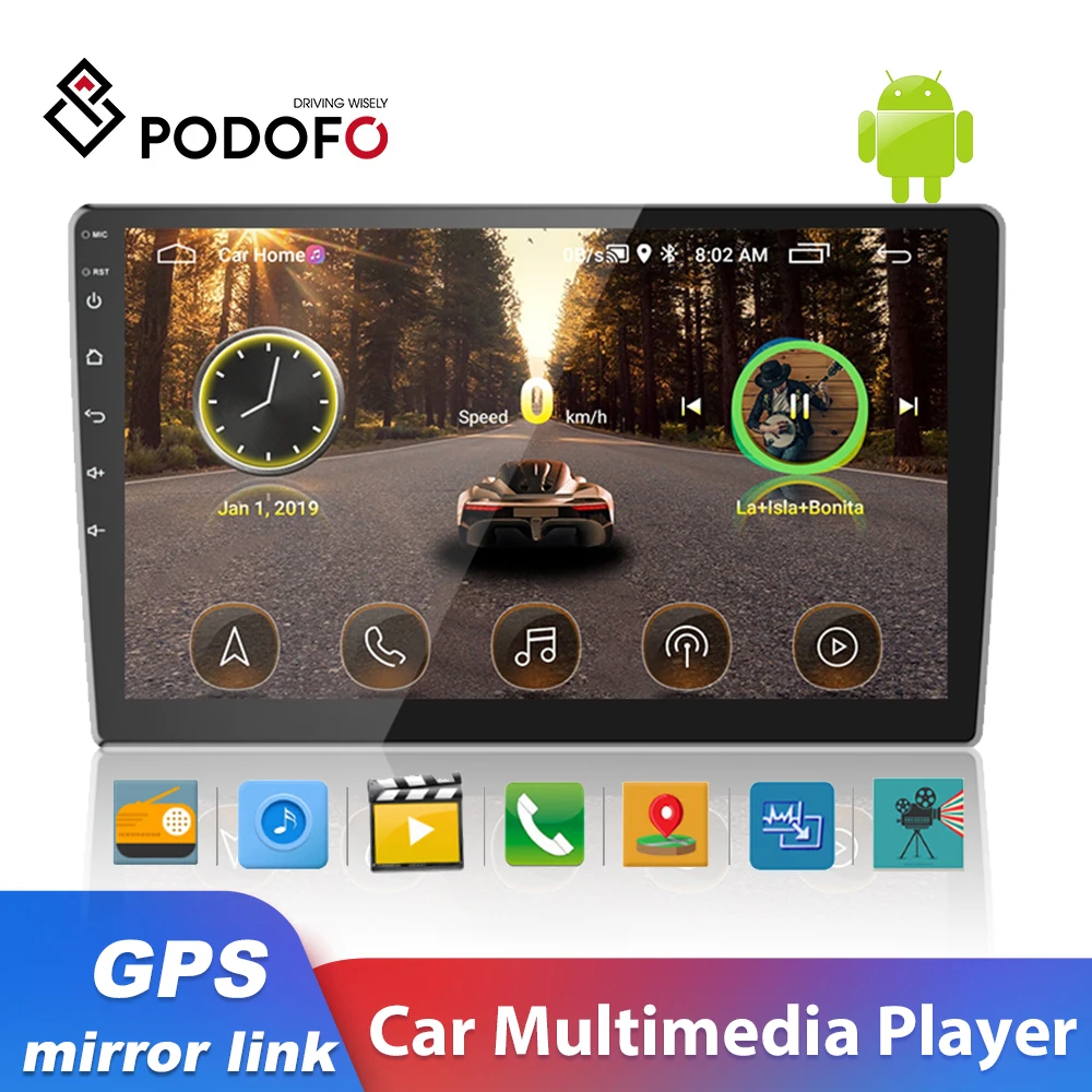 Автомагнитола Podofo 2 Din Android GPS 10 ''емкостный сенсорный экран Bluetooth Wi-Fi FM-приемник