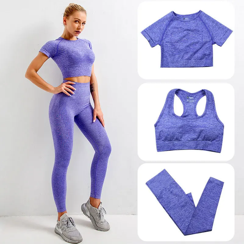 

3pcs Gym Yoga Suit Women Sportswear Crop Top Short Sleeve Shirt Top High Waist Push Up Leggings Running Sets Workout Tracksuit