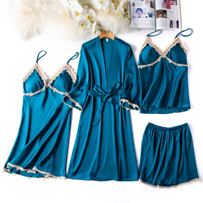 

2021 New Kimono Robe Gown Satin Lady Sleepwear 4PCS Pajamas Suit Silky Nightwear Sexy Nighty&Robe Set Intimate Lingerie