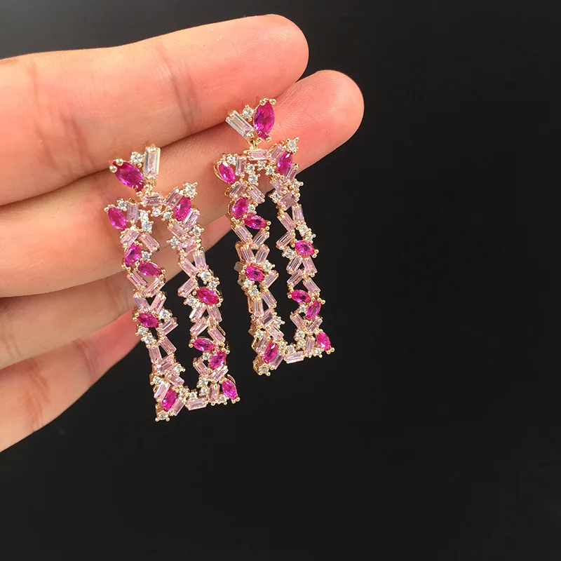 FXLRY белые/розовые фианиты индивидуальные прямоугольные геометрические серьги