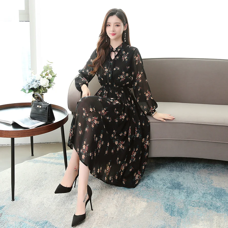 Женское шифоновое платье-миди с длинным рукавом черное винтажное облегающее