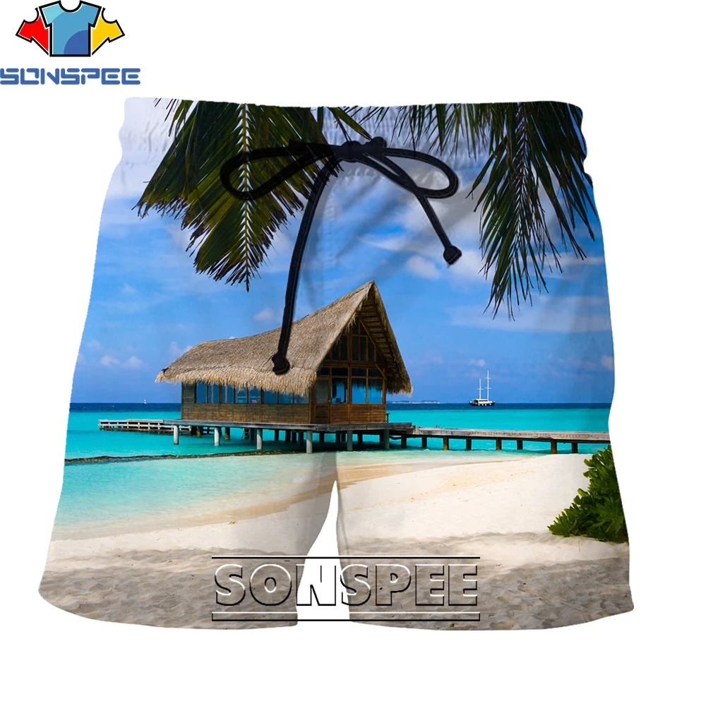 

SONSPEE Fashion Sunny Sunset Beach Series 3D Printing Men Women's Shorts Summer Creative Personality Street Hip Hop