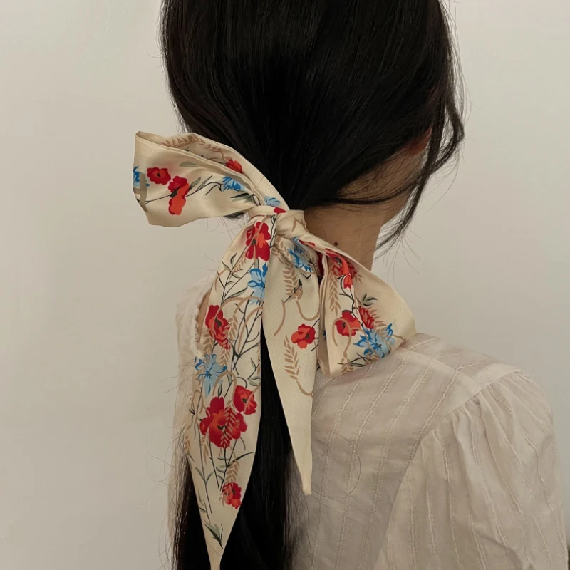 

Luna&Dolphin Women Spring Narrow Skinny Scarf 100x6cm Red Blue Flower Printed Silk Feeling Bag Ribbon Headbands Streamer Tie