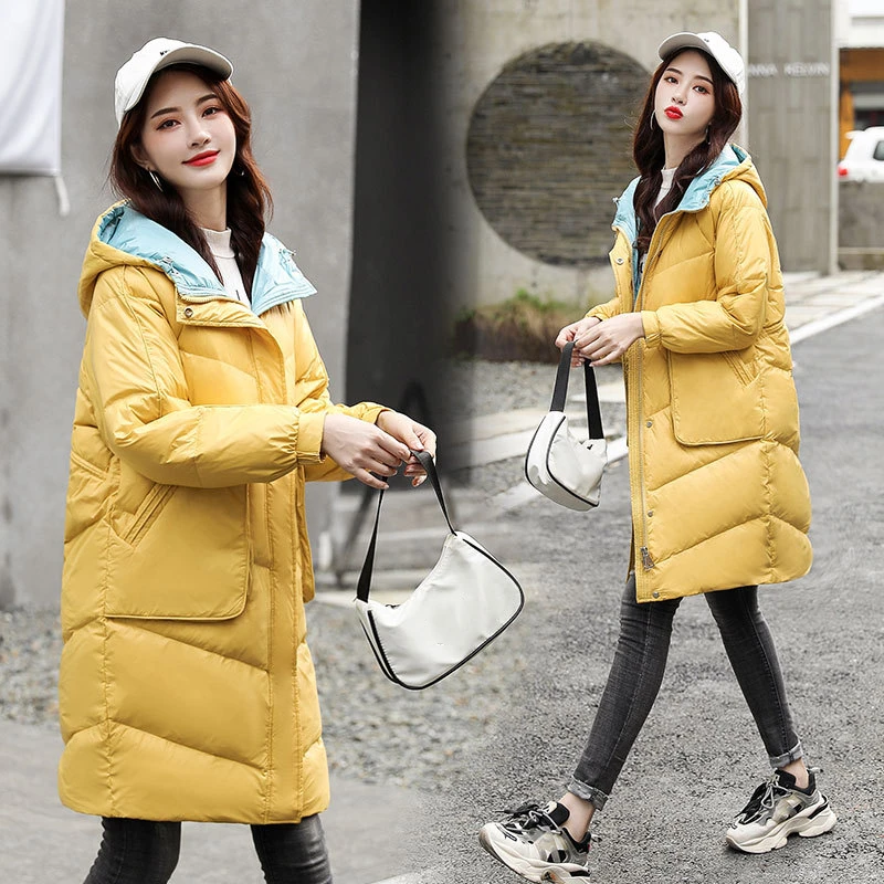 

Winter Korean style slim down jacket women mid-length thick large pockets contrast color hooded down jacket