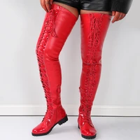 hot red front lace up round toe over the knee boots winter anti slip low square heel sexy women boots thigh size 43