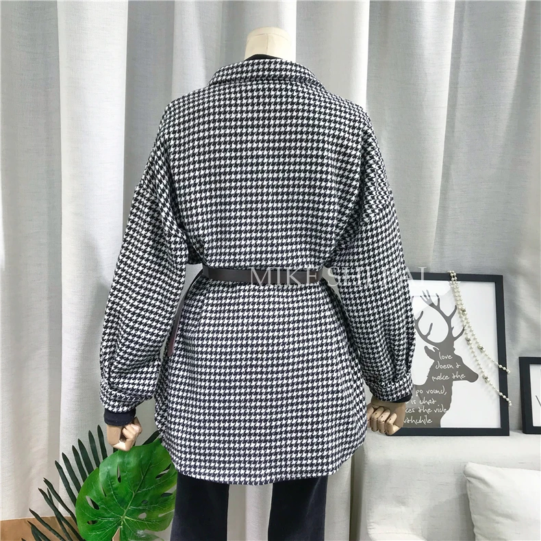 Autumn New Korean Loose Houndstooth Belt Waist Shirt Women Lapel Long Sleeve Thicken Retro Blouse Students Cardigan Tops | Женская