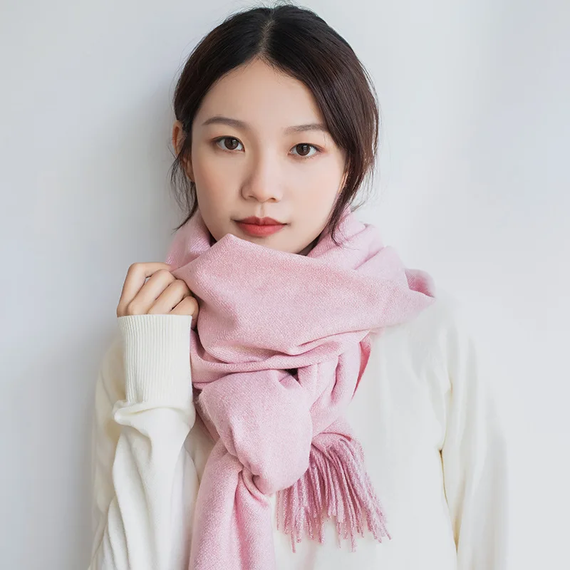 Cashmere Scarf Women Winter Solid Long Pashmina Shawl Female Soft Warm High Quality Large Bandana Blanket Blue,Orange,Khaki - Цвет: Розовый
