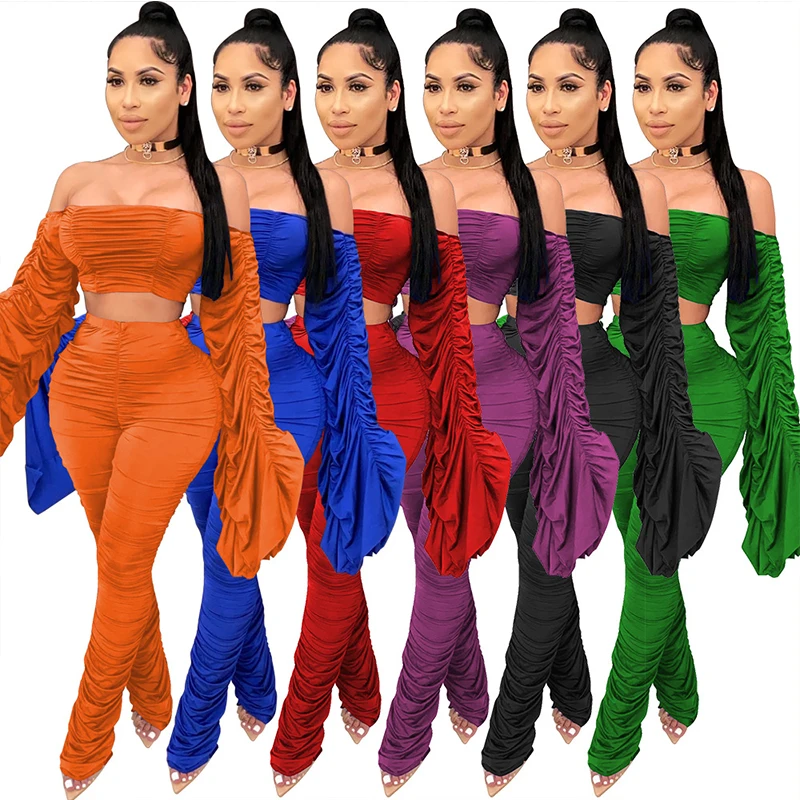 

ZKYZWX Sexy Two Piece Set Off Shoulder Flare Sleeve Crop Top+Stacked Leggings Fall Clothes Bodycon Club Outfits Matching Sets