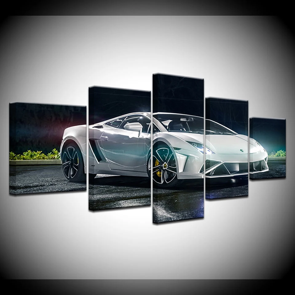 

Home Decor For Living Room HD Printed Pictures 5 Pieces White Luxury Sports Car Canvas Painting Vintage Poster Wall Artwork