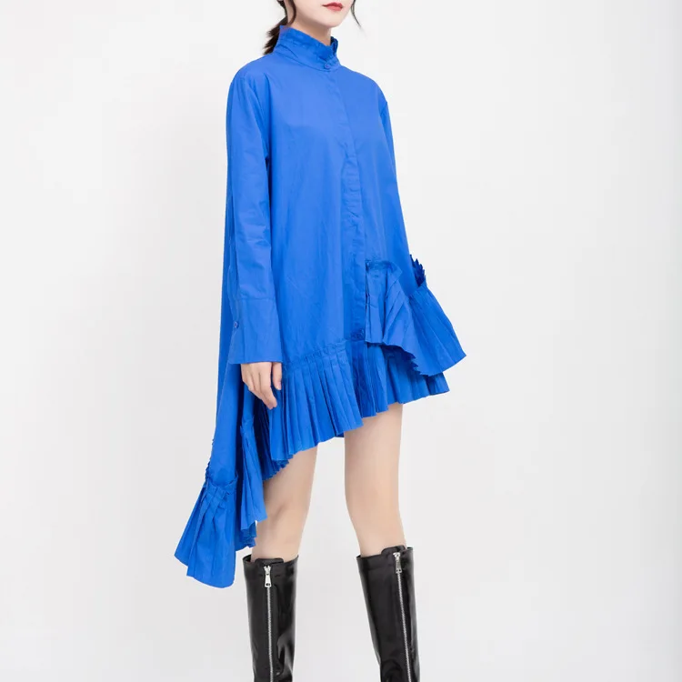 

MSXU 2020 New Autumn Stand Collar Hem Pleated Retro Long Sleeve Dress Women