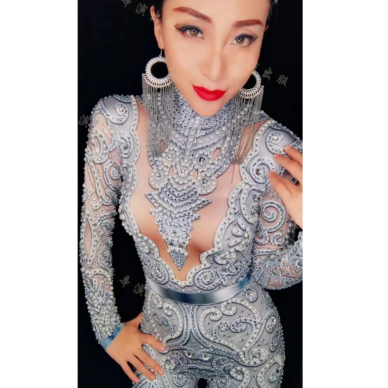 

New Style Fashion crystal Women Jumpsuit sexy sequin bodycon jumpsuits nude print dance platform adult costume nightclub DJ wear