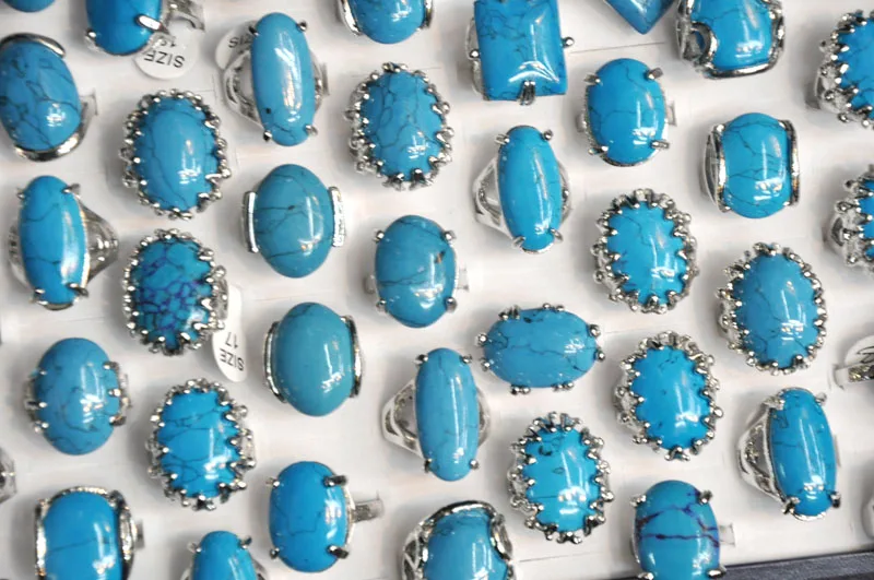 

20pcs Vintage Blue Turquoises Stone Wedding Rings for Women Girls Natural Stone Finger Ring Boho Party Gift Jewelry