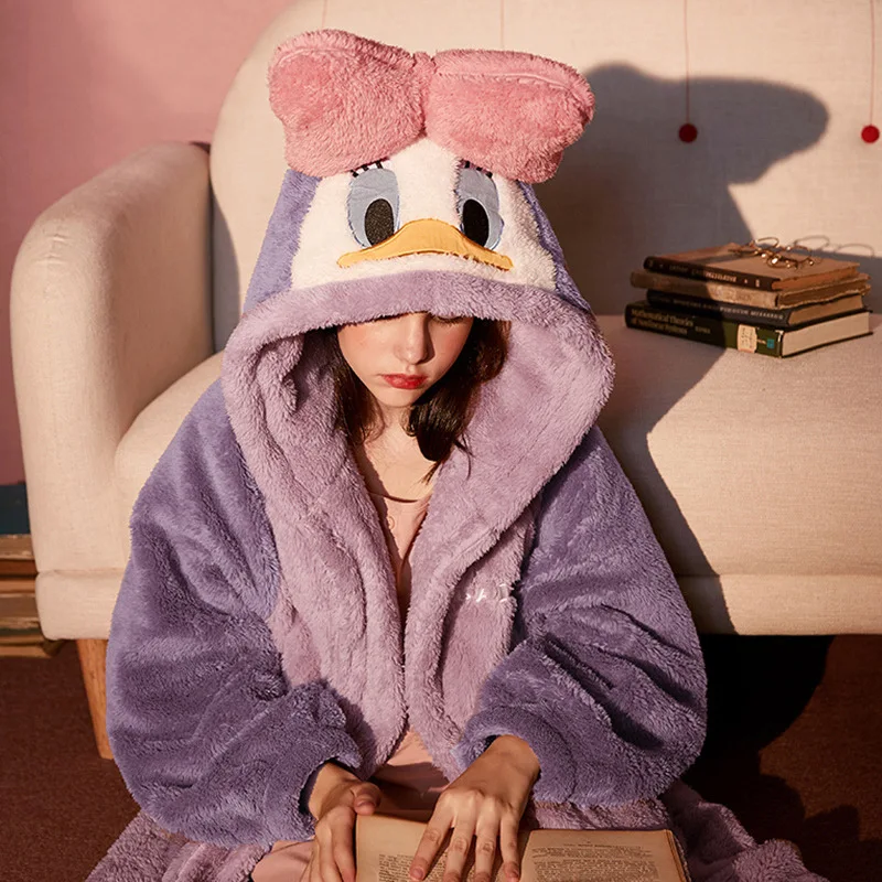 

Autumn Winter Women Hooded Nightgown Bathrobe Cape Robe Cartoon Cute Duck Warm Plush Coral Fleece Pajamas Cloak Overcoat