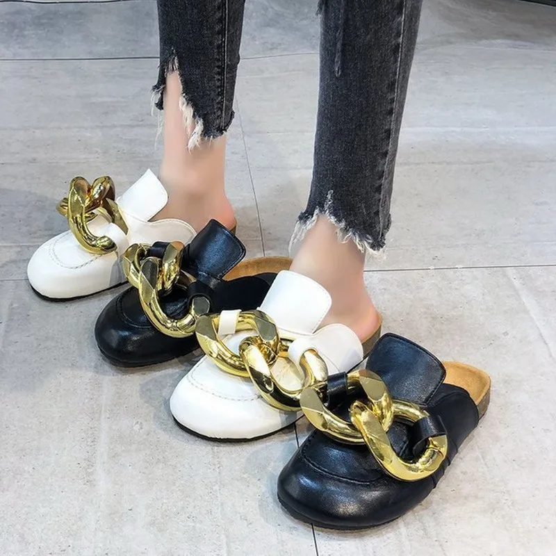 

Litthing Sandals Brand Designed Women's Slippers Fashion Big Gold ChainShoes Mul Round Toe Slippers Flat Heel Plus Size 36-41