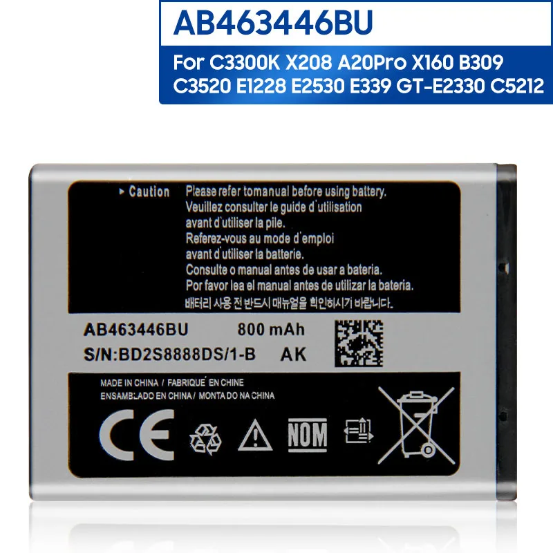 

Samsung Original Phone Battery AB463446BU For Samsung C3300K X208 X520 F258 B189 B309 F299 E329 C3520 E1200M E339 E2330 800mAh