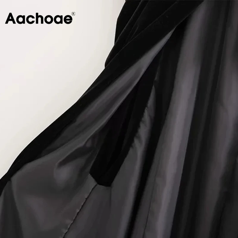 

Aachoae Elegant Long Velvet Cape Coat Women Winter Bow Tie Black Cloak Outerwear Puff Sleeve Turn Down Collar Overcoat 2020