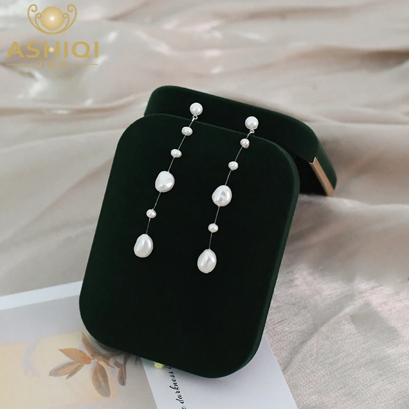 

ASHIQI Natural Baroque Pearl Long Earrings 925 Sterling Silver Wedding Jewelry for Women