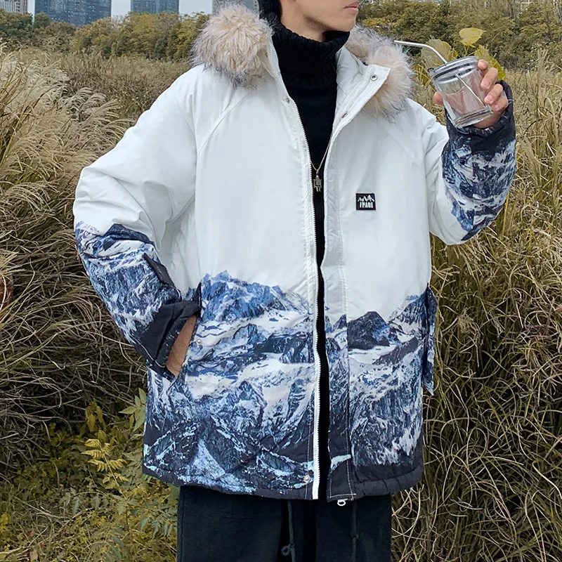 High Street Printing Hooded Fur Collar Cotton-padded Jacket Men's Autumn and Winter Loose Thick and Fleece Tooling Padded Jacket