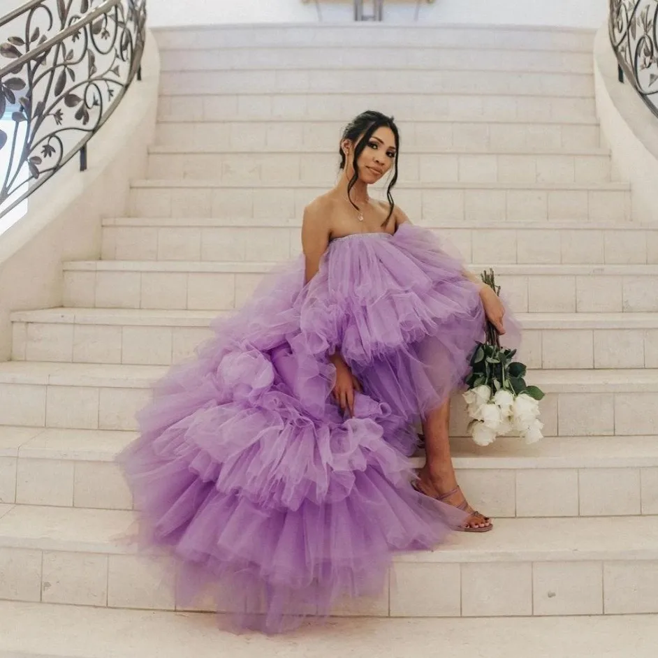 

Candy Color Lavender Tulle Evening Dress Women Elastic Neckline Puffy Long Tulle Tutu Hi Low Prom Dresses Custom Made