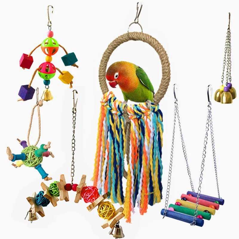 

6Pcs Parrot Toy Bird Toy Funny Assorted Bite Resistant Bird Cage Toy Set Colorful Swing, Hanging Ring, Chew Toy hanging cage df