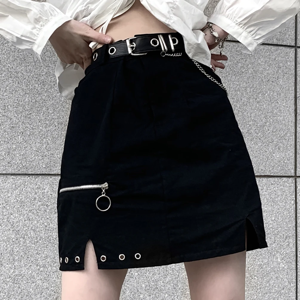 

Focal20 Streetwear Gothic Black High Waist Women Skirt Zipper Split Skirt Punk Sexy Fashion Mini Skirts